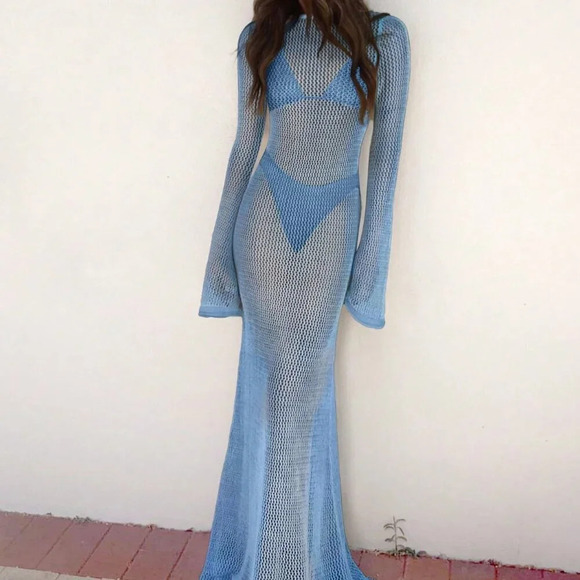 Blue Summer Women's Solid Color & Sexy Backless Beach Cover-Up - Picture 1 of 4